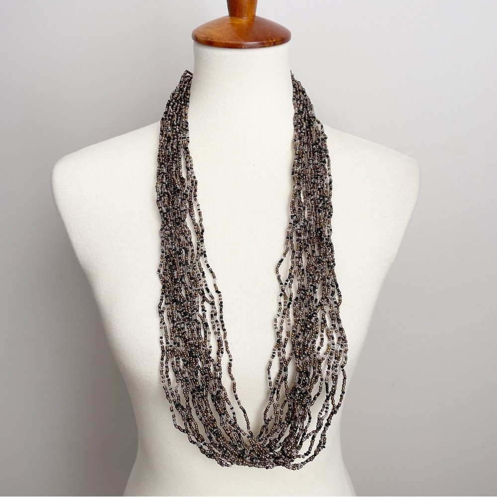 Seed Bead Necklace Black Gold Silver Multi Strand Toggle Clasp Long NWOT